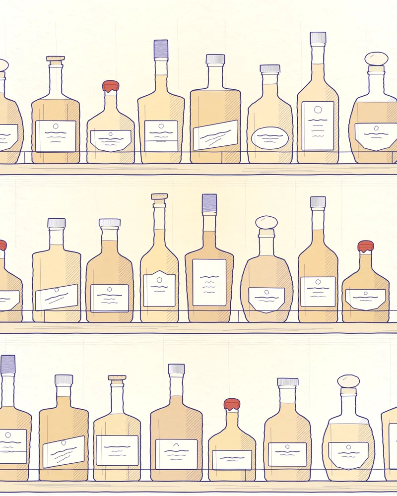 Zeichnung eines Regals voller Whiskyflaschen